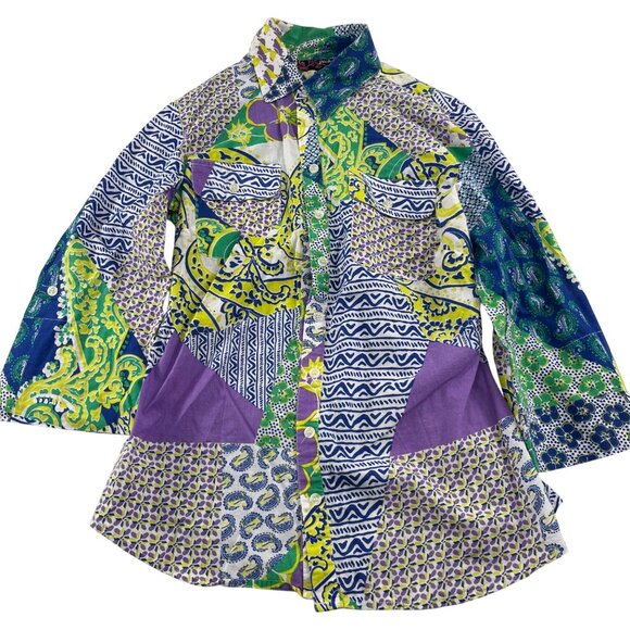 Peck & Peck Womens Multicolor Patchwork Shirt 100% Cotton Size 4 - Picture 1 of 5